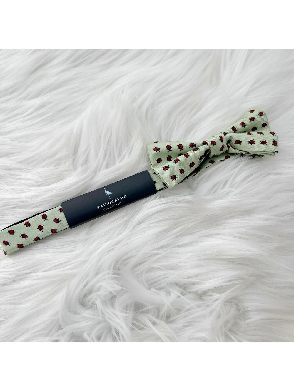 NWT Tailorbyrd Collection - Pale green ladybug print silk adjustable bow tie